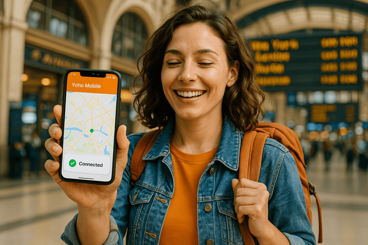 A happy international traveler checking her unlocked phone with a Yoho Mobile eSIM after arriving at an airport.