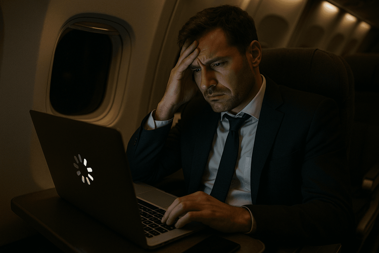 Frustrated traveler dealing with slow in-flight Wi-Fi on a long-haul flight.