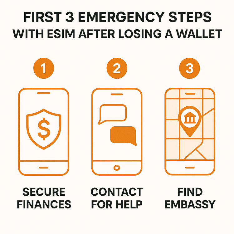 Infographic showing three emergency steps to take with an eSIM after losing a wallet: secure finances, contact help, and find the embassy.