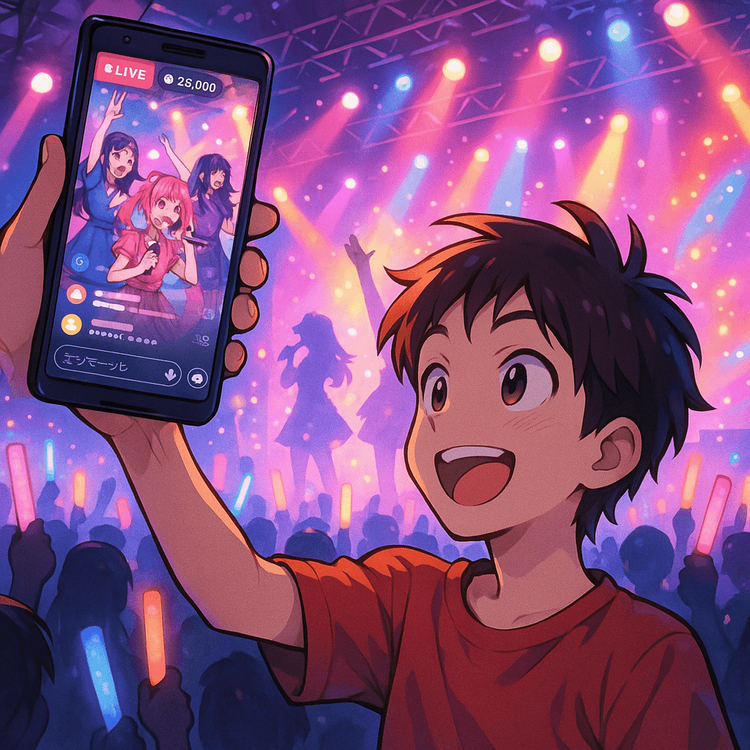 A fan live-streaming a J-pop concert at Tokyo Dome using their smartphone with a stable data connection.