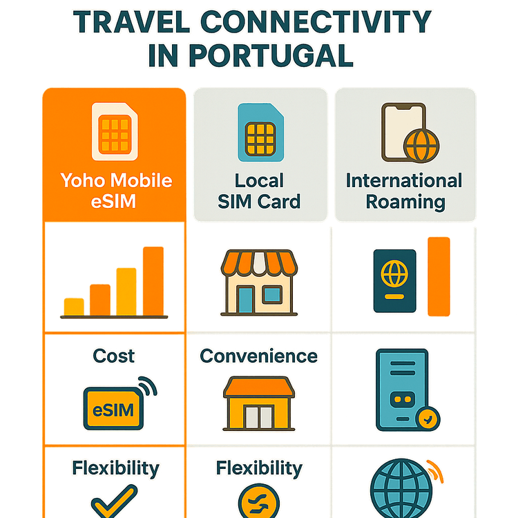 Infographic comparing the cost and convenience of a Yoho Mobile eSIM versus a local SIM and international roaming for travel in Portugal.