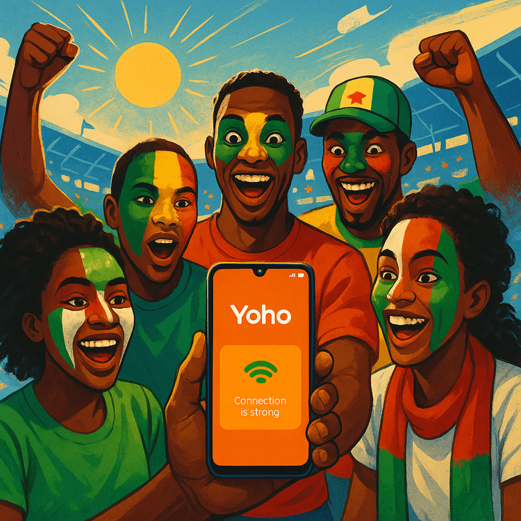Football fans celebrating at the Africa Cup of Nations while staying connected with a Yoho Mobile eSIM.