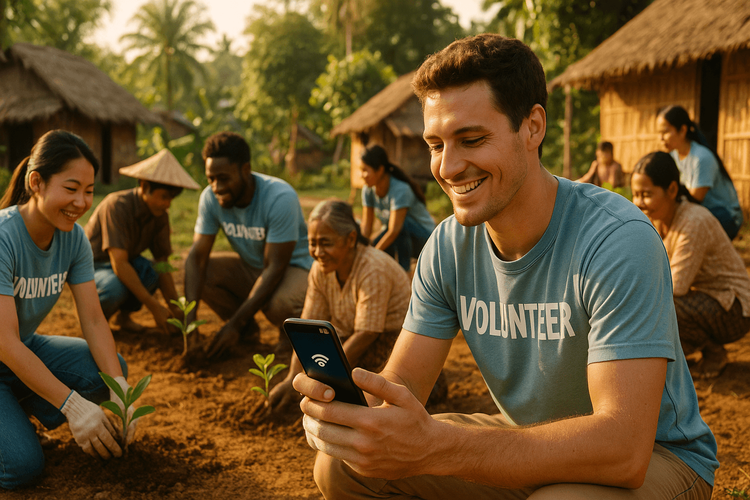A group of international volunteers staying connected with Yoho Mobile while contributing to a community project abroad.