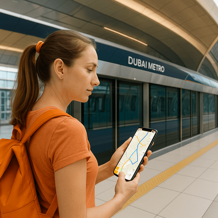 A tourist using a Yoho Mobile eSIM on their phone to navigate the Dubai Metro system.