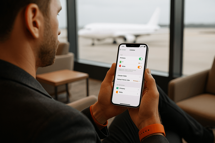 A traveler using an iPhone with dual SIM settings in an airport, demonstrating easy travel connectivity.
