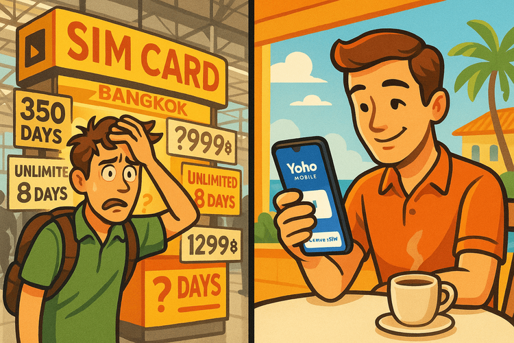 A comparison showing the stress of buying a tourist SIM card at an airport versus the ease of activating a Yoho Mobile eSIM.