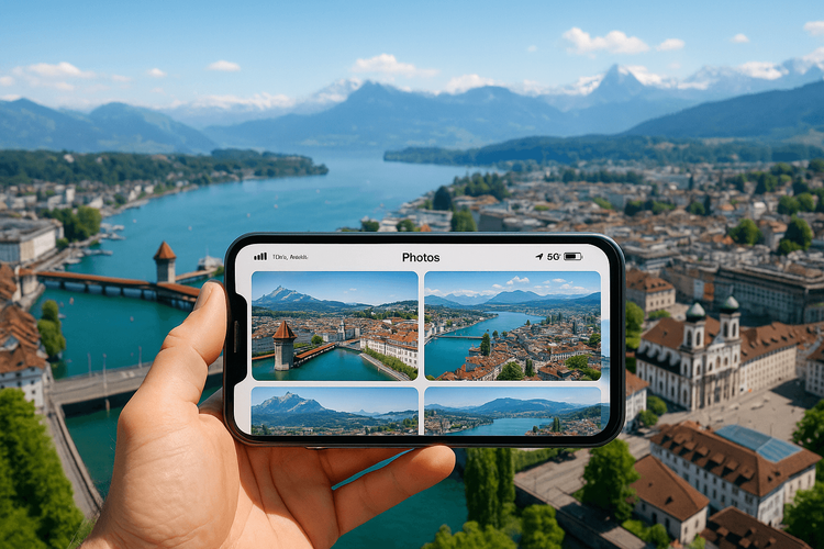 A person holding a smartphone with Yoho Mobile eSIM service, overlooking the stunning panoramic view of Lucerne from Gütschbahn.