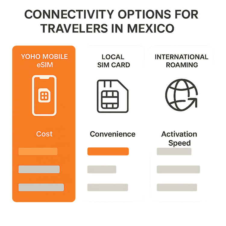 Infographic comparing the cost and convenience of a Yoho Mobile eSIM versus a local SIM card and international roaming for Mexico travel.