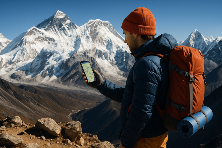 Trekker używający smartfona do nawigacji z Mount Everestem w tle, demonstrujący łączność w Himalajach.
