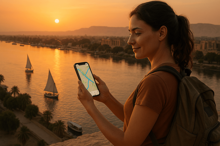 A traveler using her smartphone for navigation while enjoying the sunset over the Nile in Luxor, Egypt, showcasing reliable travel connectivity.