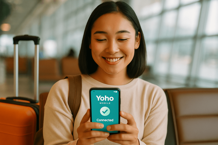 A traveler connected and relaxed at the airport using a Yoho Mobile eSIM on her smartphone.