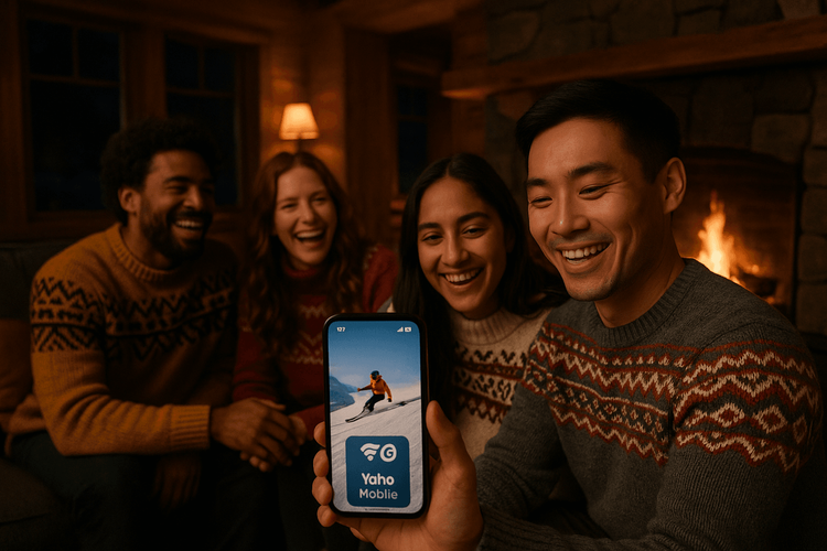 Friends relaxing in a Niseko lodge after skiing, easily staying connected with a Yoho Mobile eSIM.