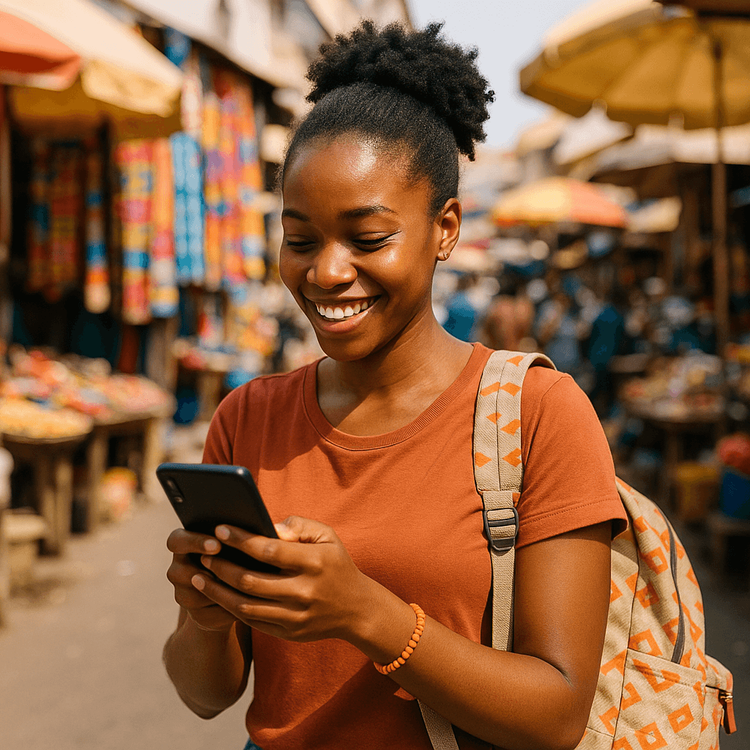 A happy traveler using her smartphone for navigation in a vibrant market in Accra, Ghana, showcasing seamless travel connectivity.