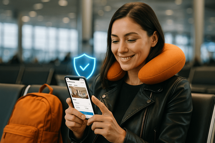 A female traveler securely using her smartphone with a Yoho Mobile eSIM in an airport lounge.