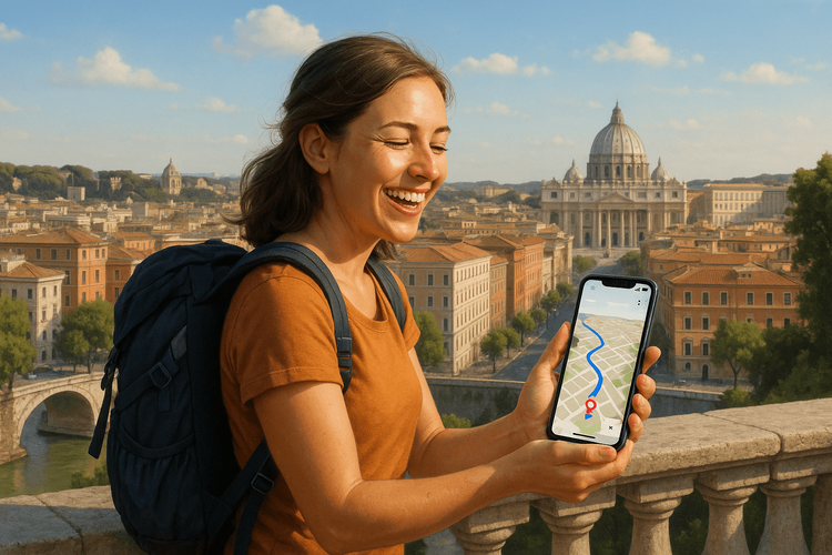 A happy traveler successfully using her phone for navigation in Europe after fixing her eSIM internet connection.