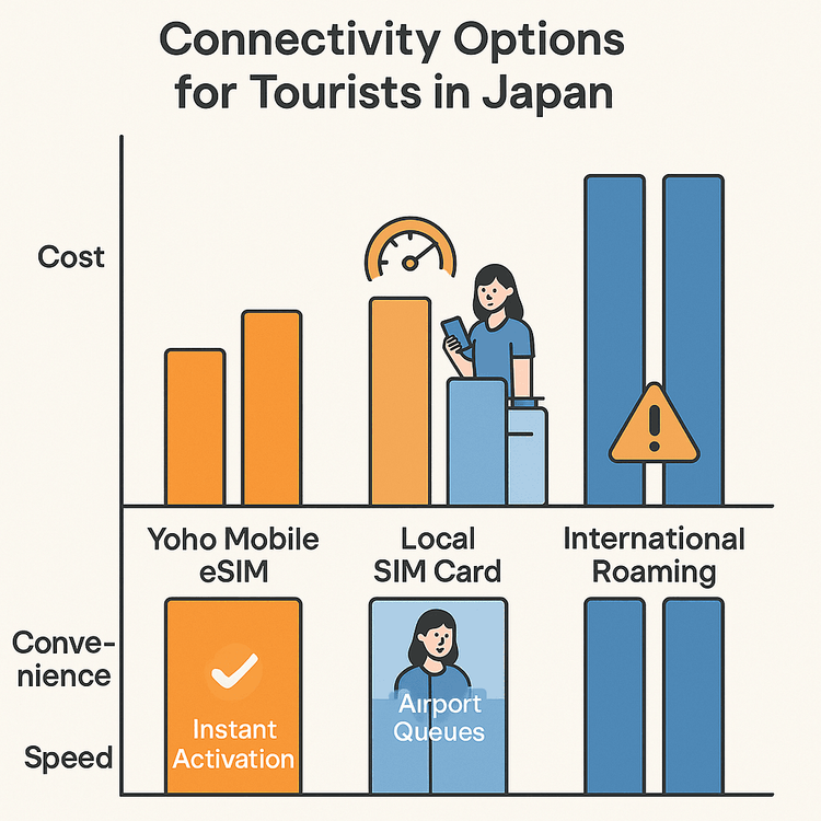 Yoho MobileのeSIM、現地SIM、国際ローミングを、日本の旅行におけるコスト、利便性、速度の観点から比較したインフォグラフィック。