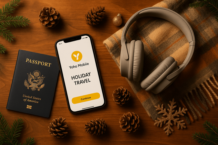 An organized flat lay of essential items for end-of-year holiday travel, including a passport, smartphone, and festive decorations.