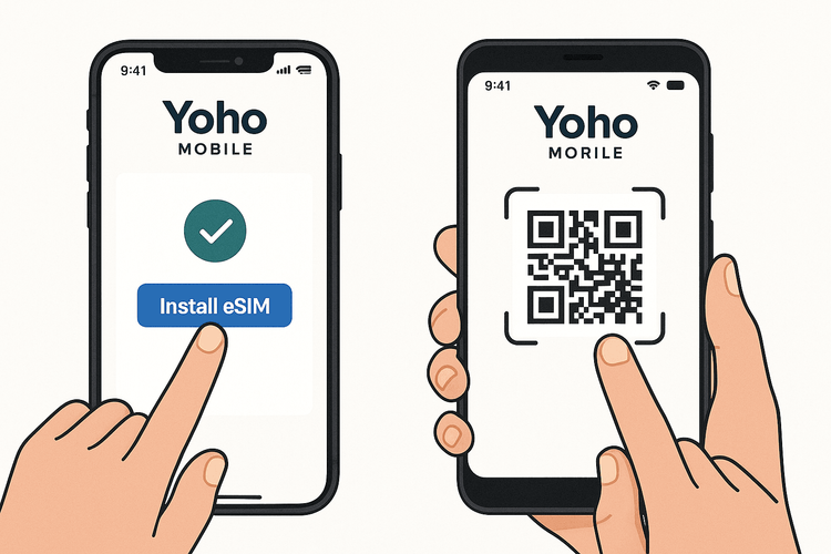 Illustration comparing the easy one-tap eSIM installation on iOS versus QR code scanning on Android for Yoho Mobile.