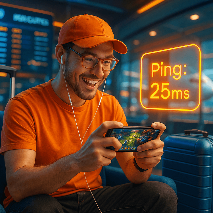 Traveler enjoying low-latency online gaming on their smartphone with a fast travel eSIM.