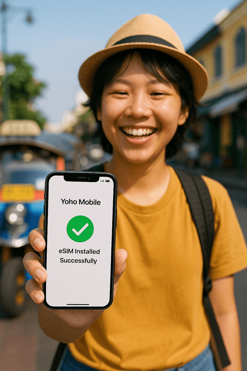 A happy traveler showing the successful installation of their Yoho Mobile eSIM on an iPhone, ready to explore Bangkok.