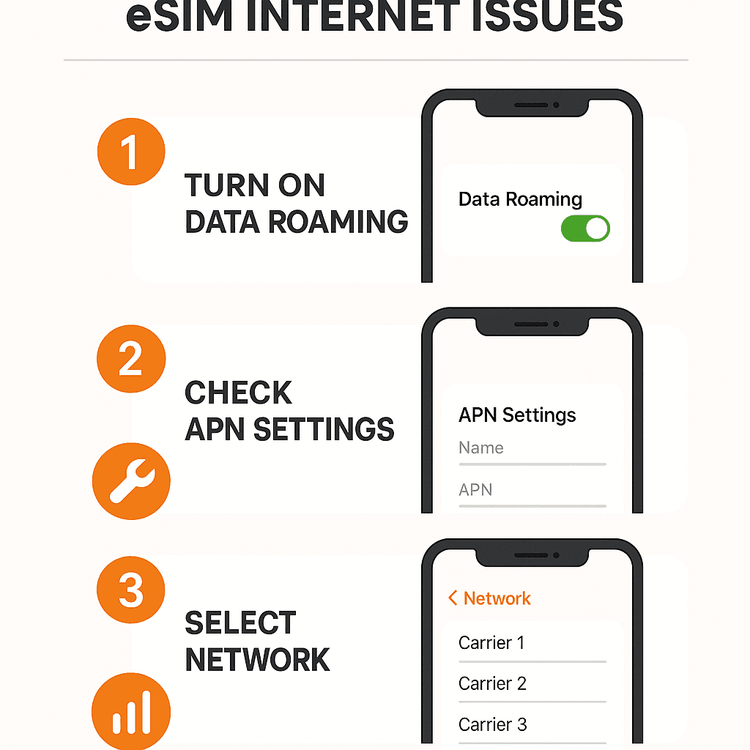 A 3-step infographic showing how to fix eSIM internet by checking Data Roaming, APN settings, and Network Selection.