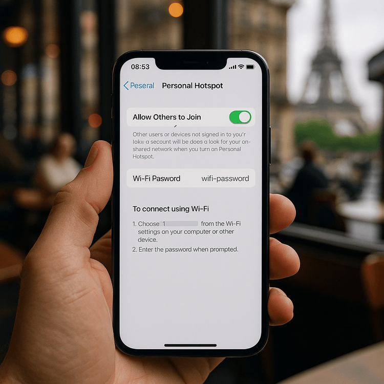 Setting up a personal hotspot on an iPhone with an eSIM for travel.
