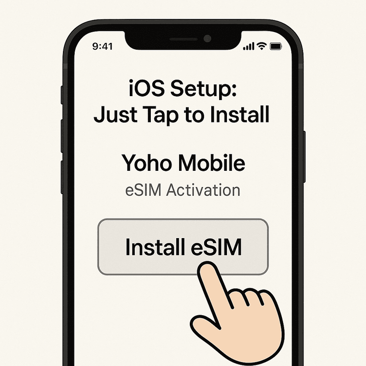 Illustration of the simple one-tap eSIM installation process for Yoho Mobile on an iPhone, with no QR code required.