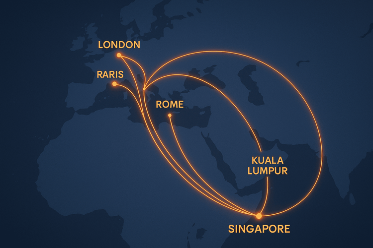 A map illustrating seamless travel connectivity from Singapore to multiple global destinations with an eSIM.