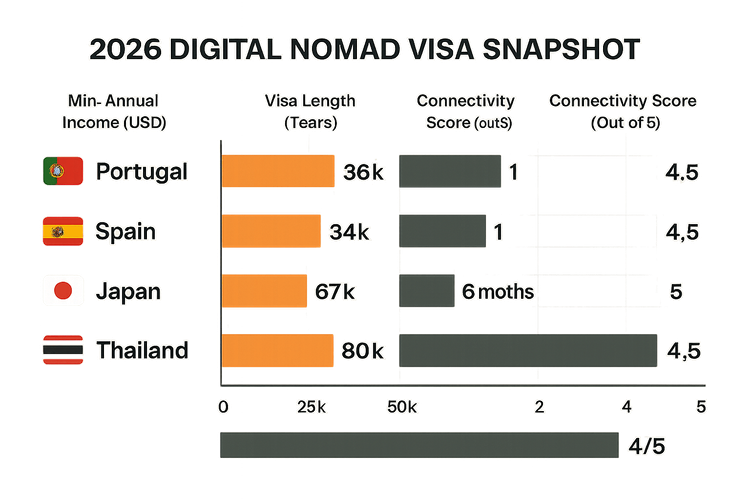 A bar chart comparing digital nomad visa requirements for Portugal, Spain, Japan, and Thailand in 2026, including income, visa length, and connectivity score.