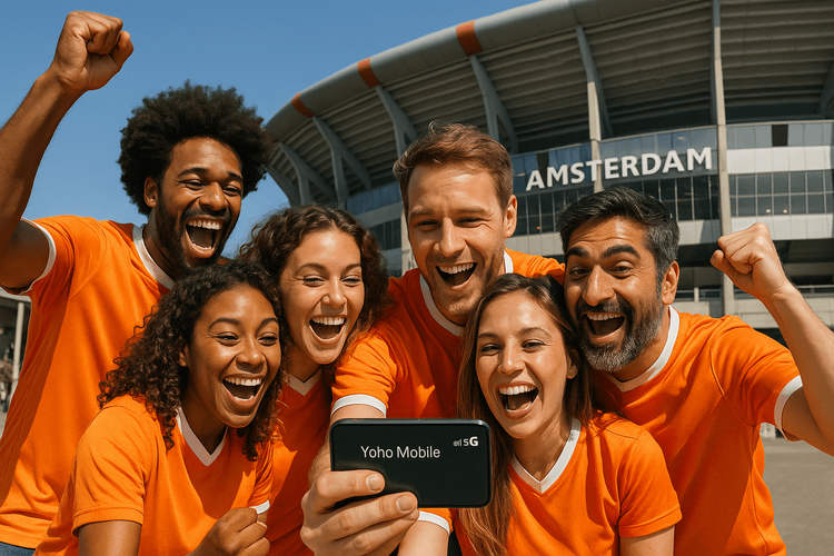 Volleyball fans using a Yoho Mobile eSIM to stay connected outside a stadium in Amsterdam.
