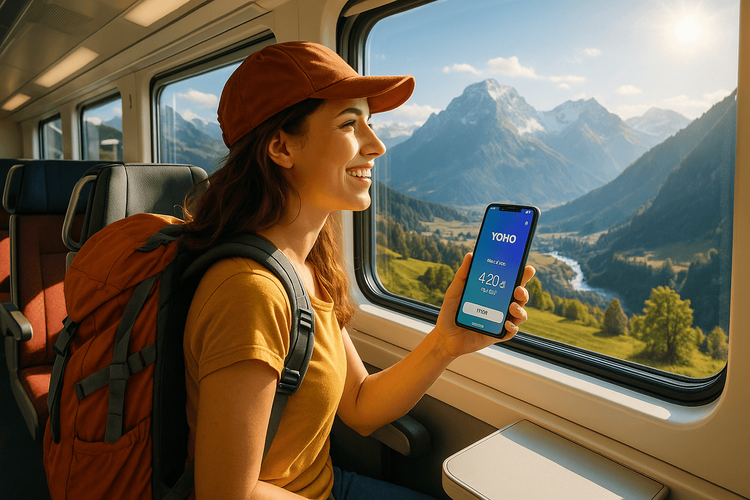 A young backpacker using a Yoho Mobile eSIM on her phone while traveling through Europe on an Interrail train.