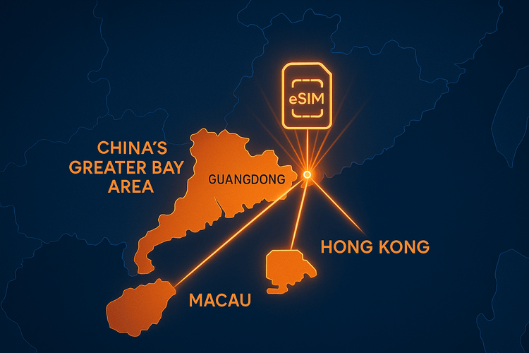 Map of the Greater Bay Area illustrating how a single eSIM provides seamless connectivity across Hong Kong, Macau, and Guangdong.