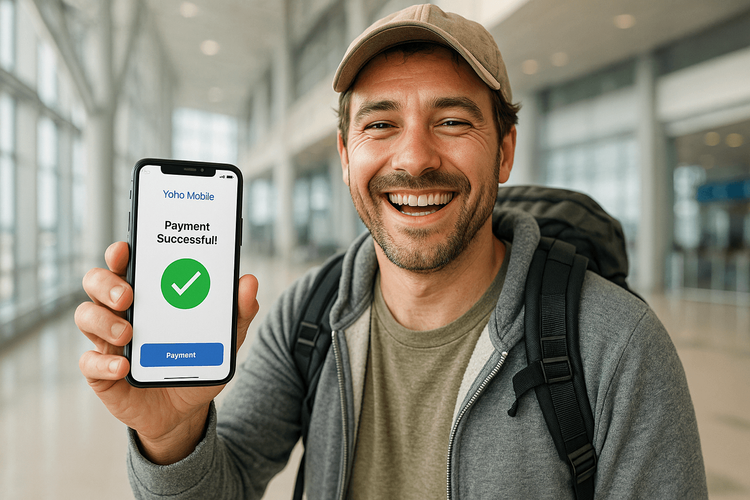 A happy traveler showing their phone with a successful Yoho Mobile eSIM purchase confirmation.