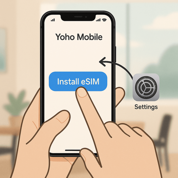 An illustration of the simple one-click process to install a Yoho Mobile eSIM on an iOS device directly from the app.