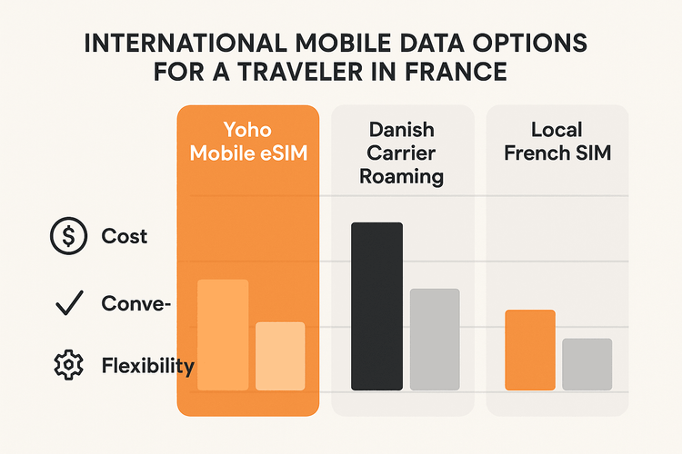 A chart comparing the cost, convenience, and flexibility of Yoho Mobile eSIM, Danish carrier roaming, and local French SIM cards for travel in France.