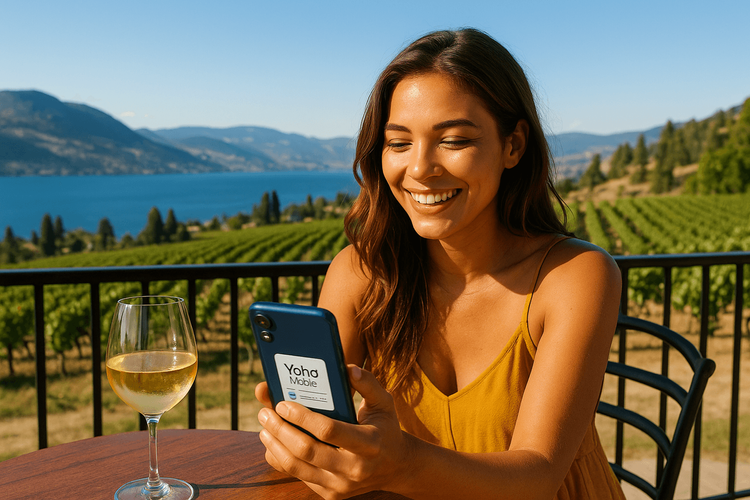 A traveler happily using her phone with a Yoho Mobile eSIM at a winery overlooking Okanagan Lake in British Columbia.