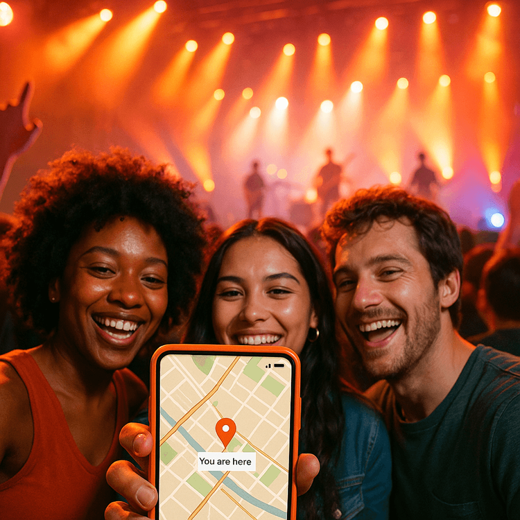 A group of friends using a navigation app on their phone to find their way at a packed international music concert.