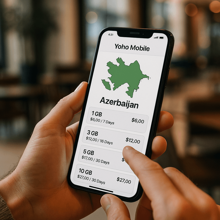 A user selecting an Azerbaijan eSIM data plan on the Yoho Mobile app.