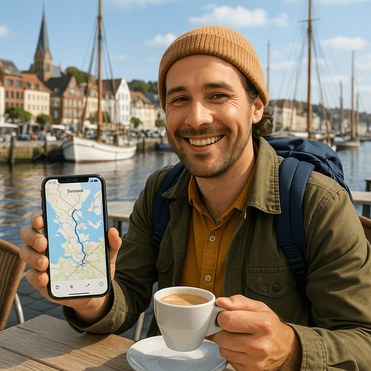 A traveler using their phone with a Yoho Mobile eSIM in Flensburg, enjoying seamless connectivity for cross-border navigation.