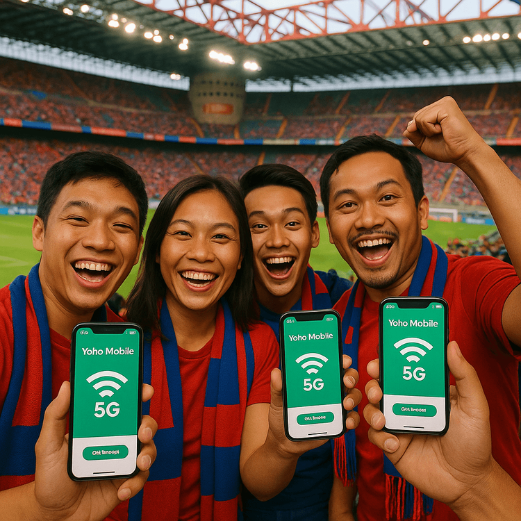 Thai football fans using Yoho Mobile eSIM for connectivity at San Siro stadium in Milan.