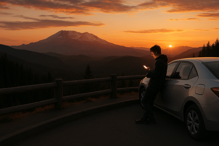Traveler finding cell signal on their phone during a sunset road trip with Mount St. Helens in the background.