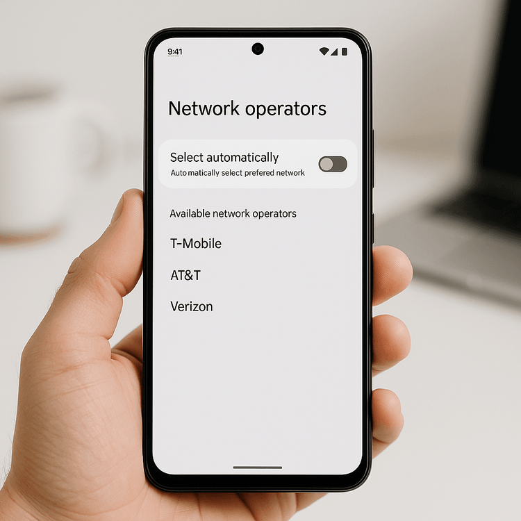 An Android phone screen displaying a list of available network operators, a method to verify if the phone is carrier unlocked for eSIM use.