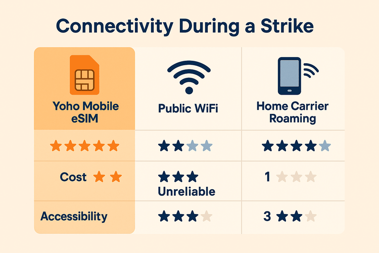 Infographic comparing Yoho Mobile eSIM, Public WiFi, and Roaming for travel connectivity during a strike.