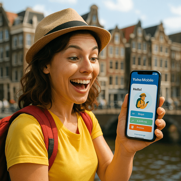 A traveler using a Yoho Mobile eSIM to navigate and explore Amsterdam during a long airport layover.