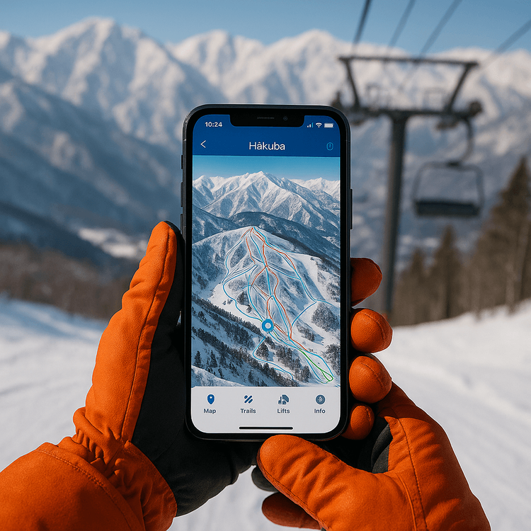 A snowboarder using a smartphone with a trail map app to navigate the slopes of Hakuba, Japan, with Yoho Mobile connectivity.