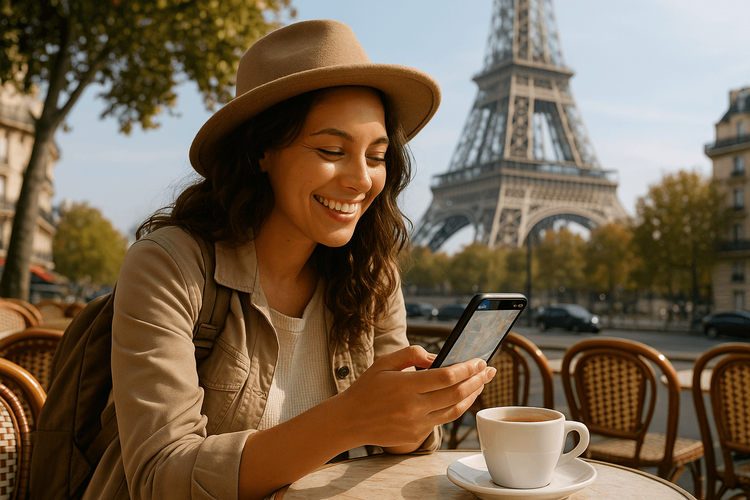 A happy traveler staying connected with her Yoho Mobile eSIM while enjoying a coffee in Paris.