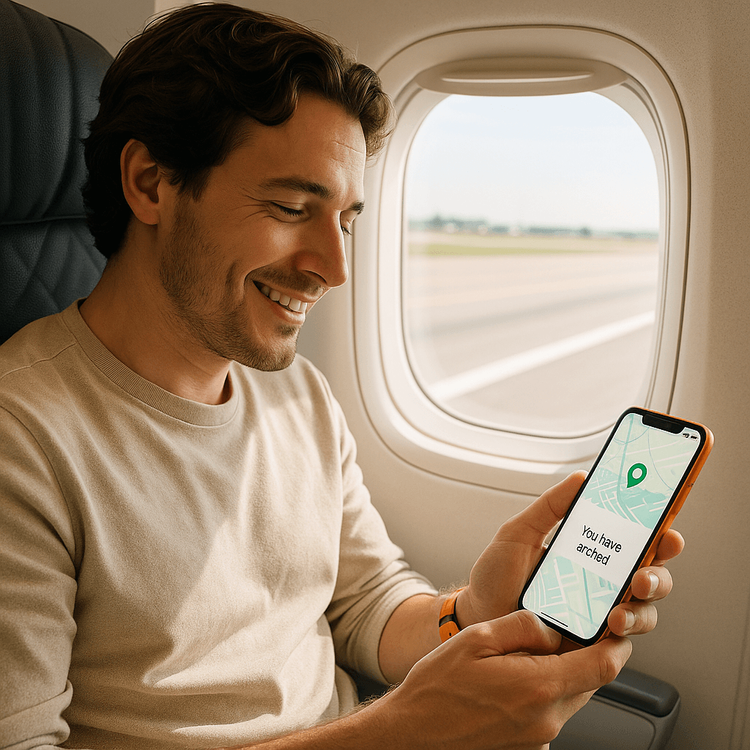 A traveler on a Frontier Airlines flight using a Yoho Mobile eSIM on their phone immediately after landing in the USA.