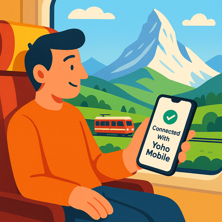 A traveler enjoying seamless Yoho Mobile eSIM connectivity on a train in Switzerland.