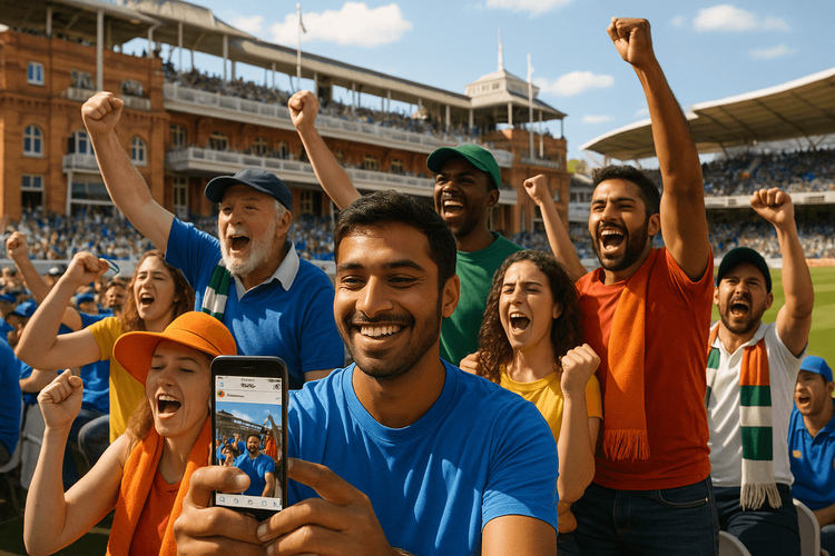 Cricket fans enjoying a match in the UK and staying connected with their smartphones.
