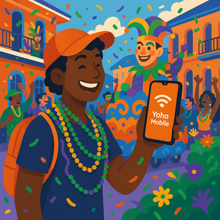 A traveler using a Yoho Mobile eSIM on their phone to share moments from a vibrant Mardi Gras parade in New Orleans.